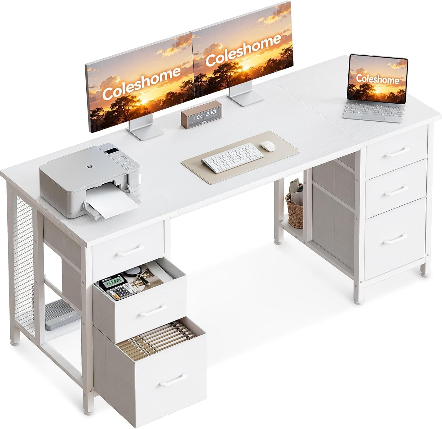 Detalle de Coleshome ODF-r24 skrivbord med 6 lådor, hylla och USB-uttag, 160 × 52 cm
