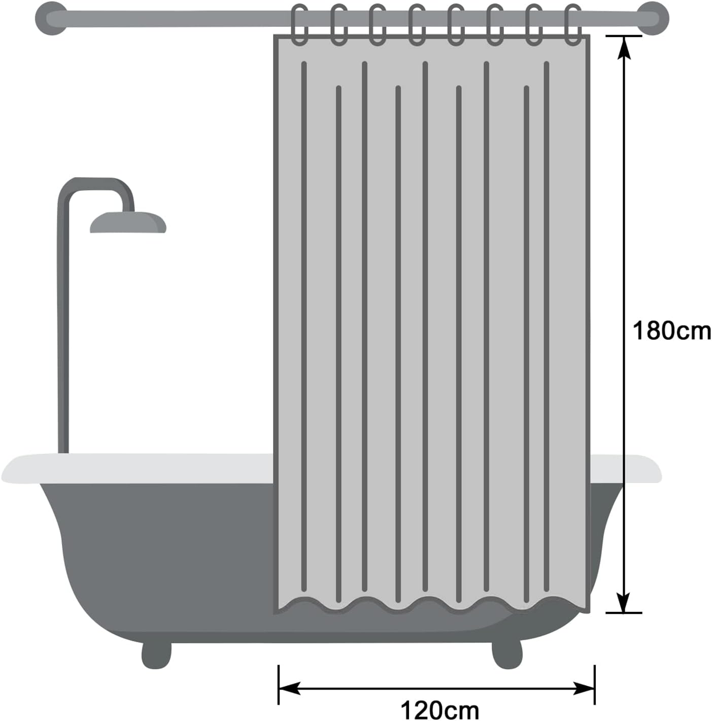 Thumbnail 6 de EurCross Duschvorhang 120x180 cm grau schmal – wasserdicht, schimmelresistent, mit 8 Ösen und 8 Ringen