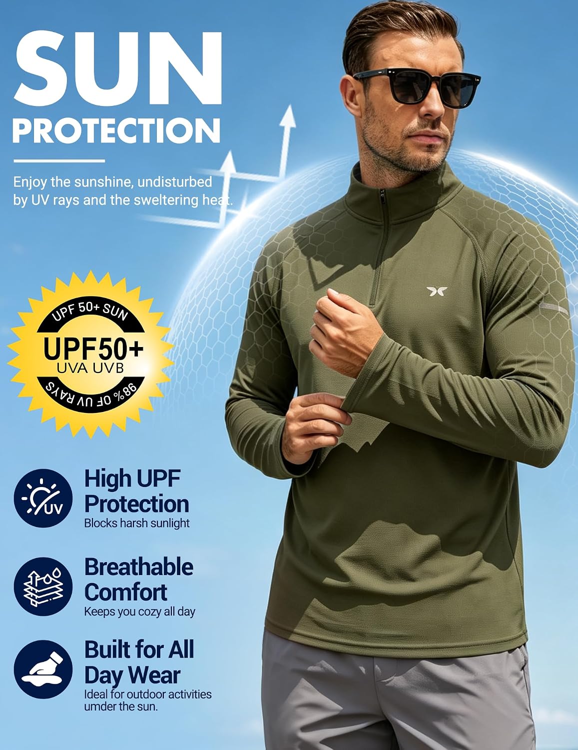 Detalle 2 de COOFANDY Men's Quarter-Zip Pullover UPF 50+
