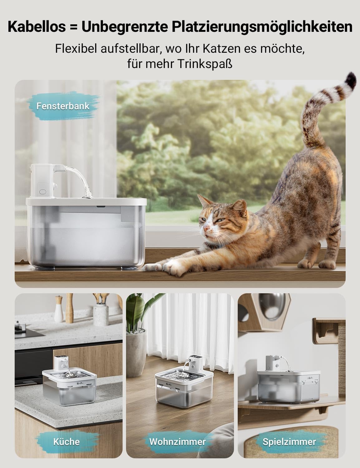 Detalle de DownyPaws Katzenbrunnen Kabellos 2,5L – Bewegungsmelder, Edelstahl, 4.000 mAh