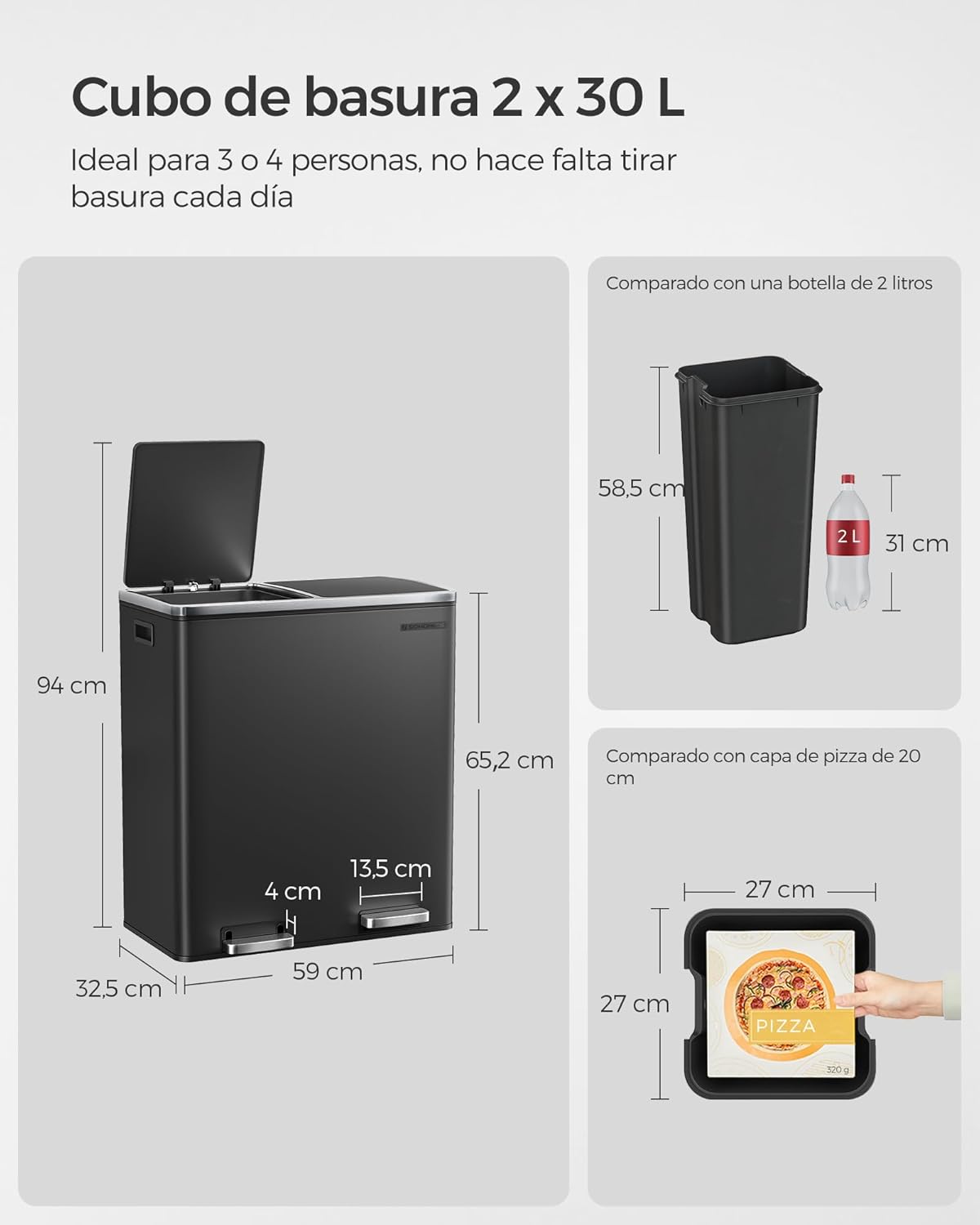 Detalle 2 de SONGMICS Cubo de basura 2 compartimentos 30L ♻️ Hermético Negro