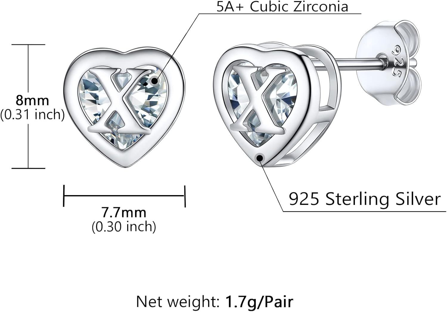 Detalle 2 de Supcare Orecchini Donna Argento 925 con Cuore e Lettera Iniziale A–Z | Zirconi Anallergici, Confezione Regalo
