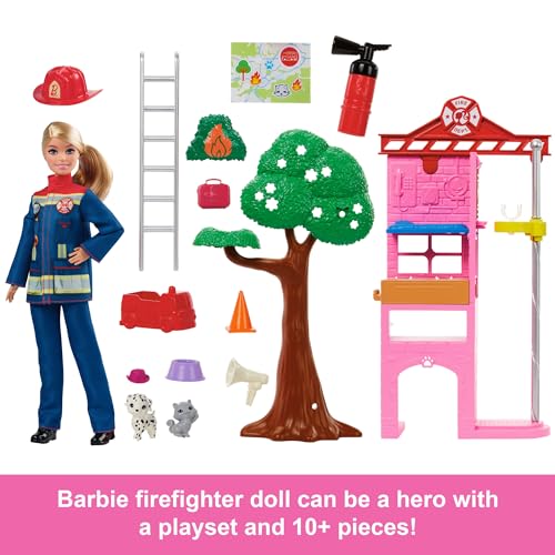 Detalle de Barbie Careers Firefighter Doll & Playset with Fire Station & Tree, 2 Pets, Colour-Change & 10+ Accessories