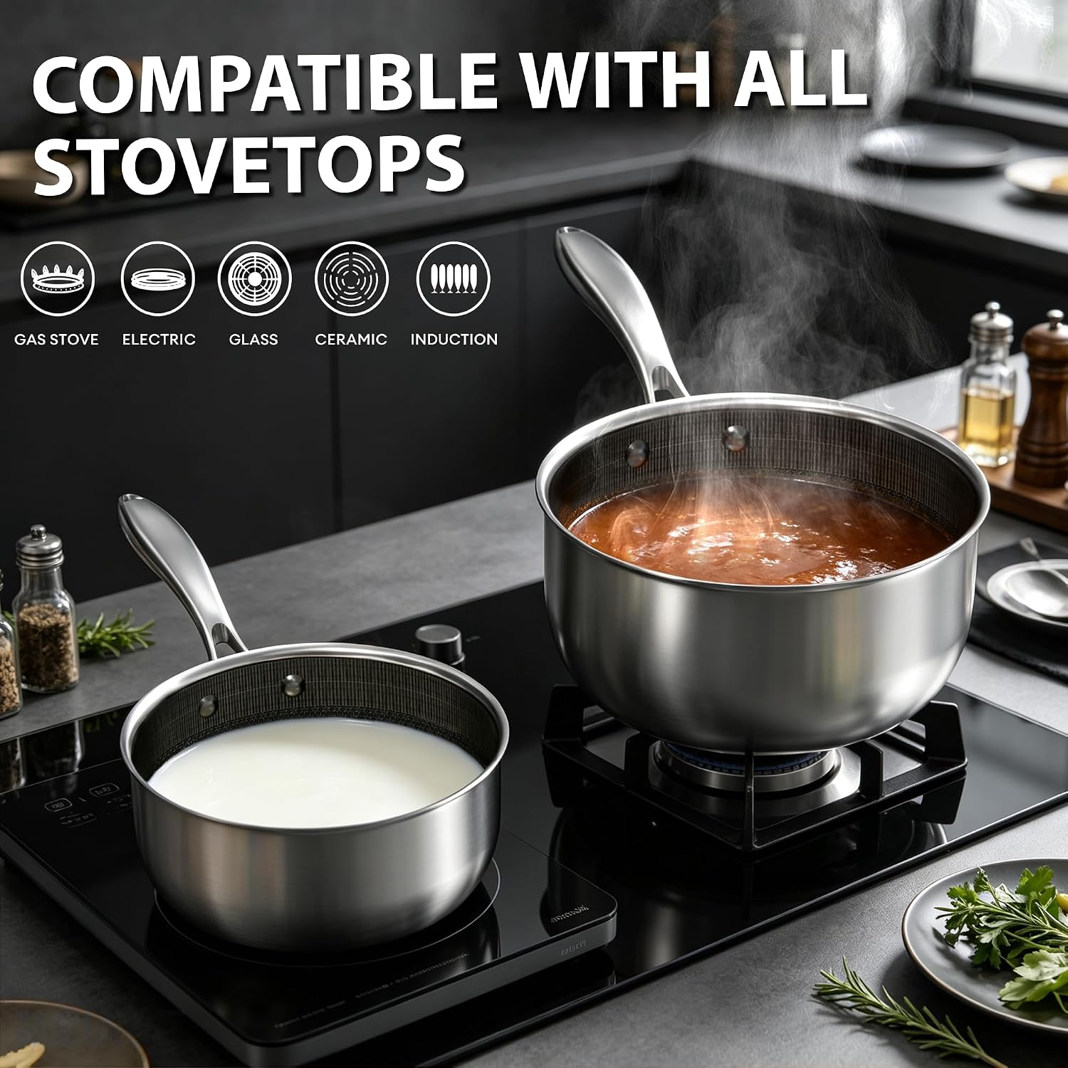 Detalle de COOKER KING 2 Quart Stainless Steel Saucepan with Ceramic Nonstick and Tempered Glass Lid