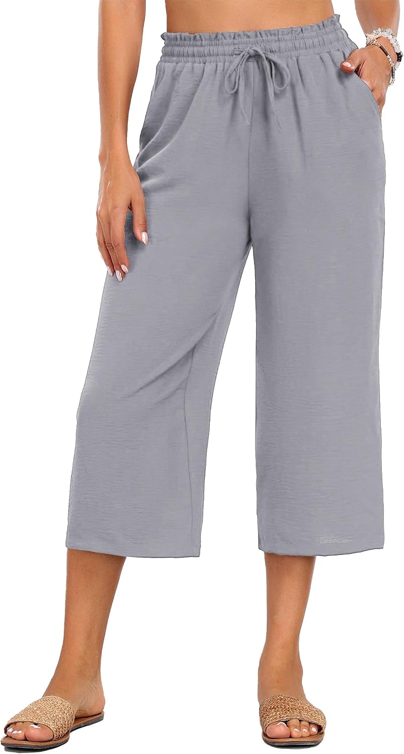Detalle 2 de Neineiwu Damen Sommerhose High Waist Palazzo mit Kordelzug und weitem Bein (3/4 Capri)