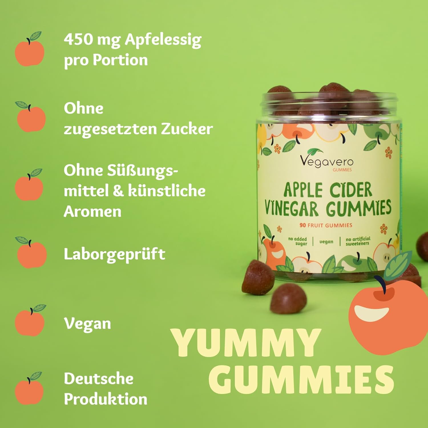 Detalle 2 de Vegavero Apfelessig Gummibärchen 90 Stück 🍬