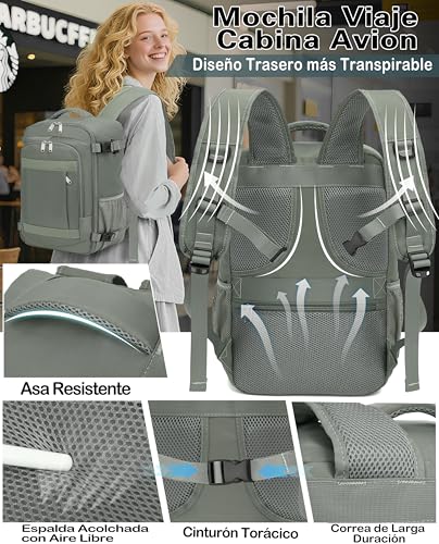 Detalle de KLOSTAIN Mochila de cabina 40x30x20 cm | 24 L verde, apta para Ryanair y más