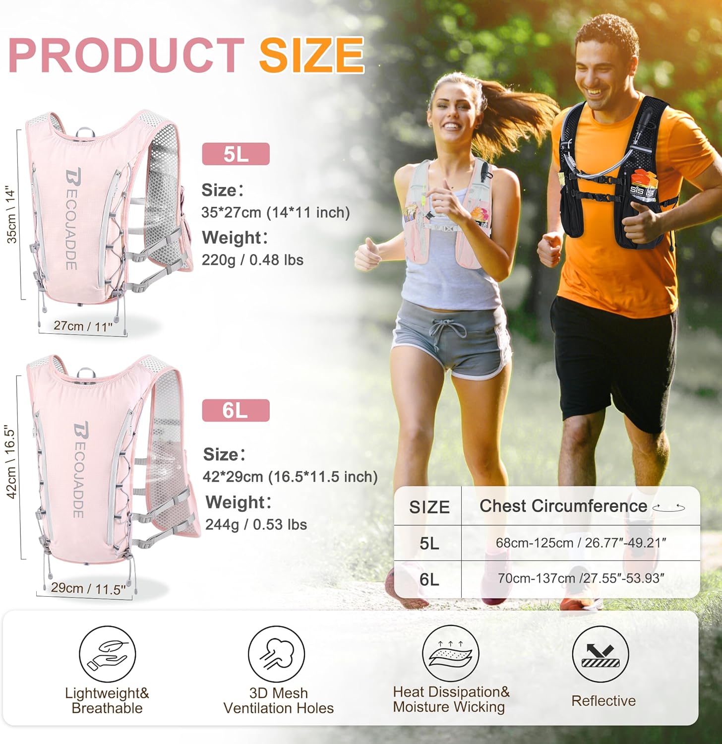 Detalle de BECOJADDE Running Vest for Women & Men — 5L/6L Lightweight Hydration Backpack for Marathon, Trail, Cycling, and More