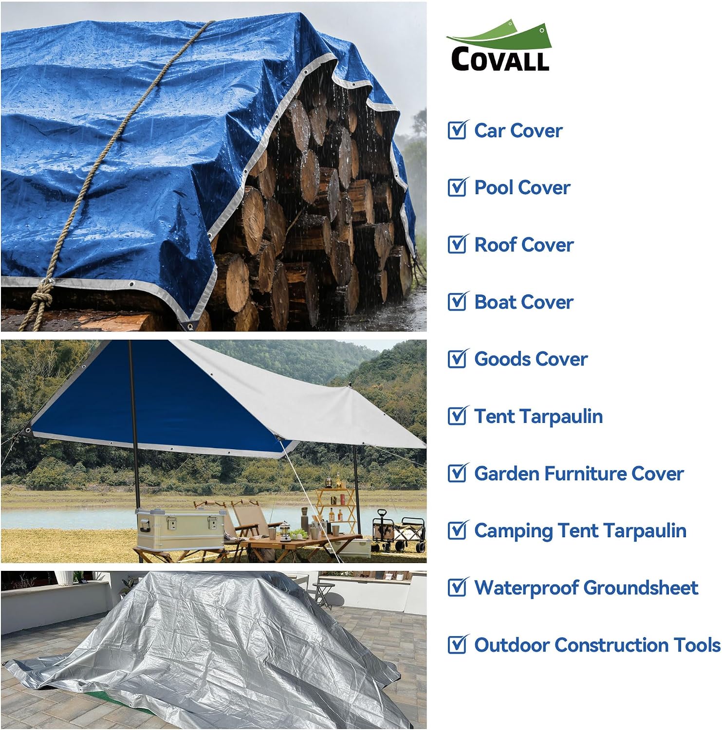 Thumbnail 6 de Covall Tarpaulin 2m x 2m Waterproof Tarp – Groundsheet, Double-Sided UV-Resistant