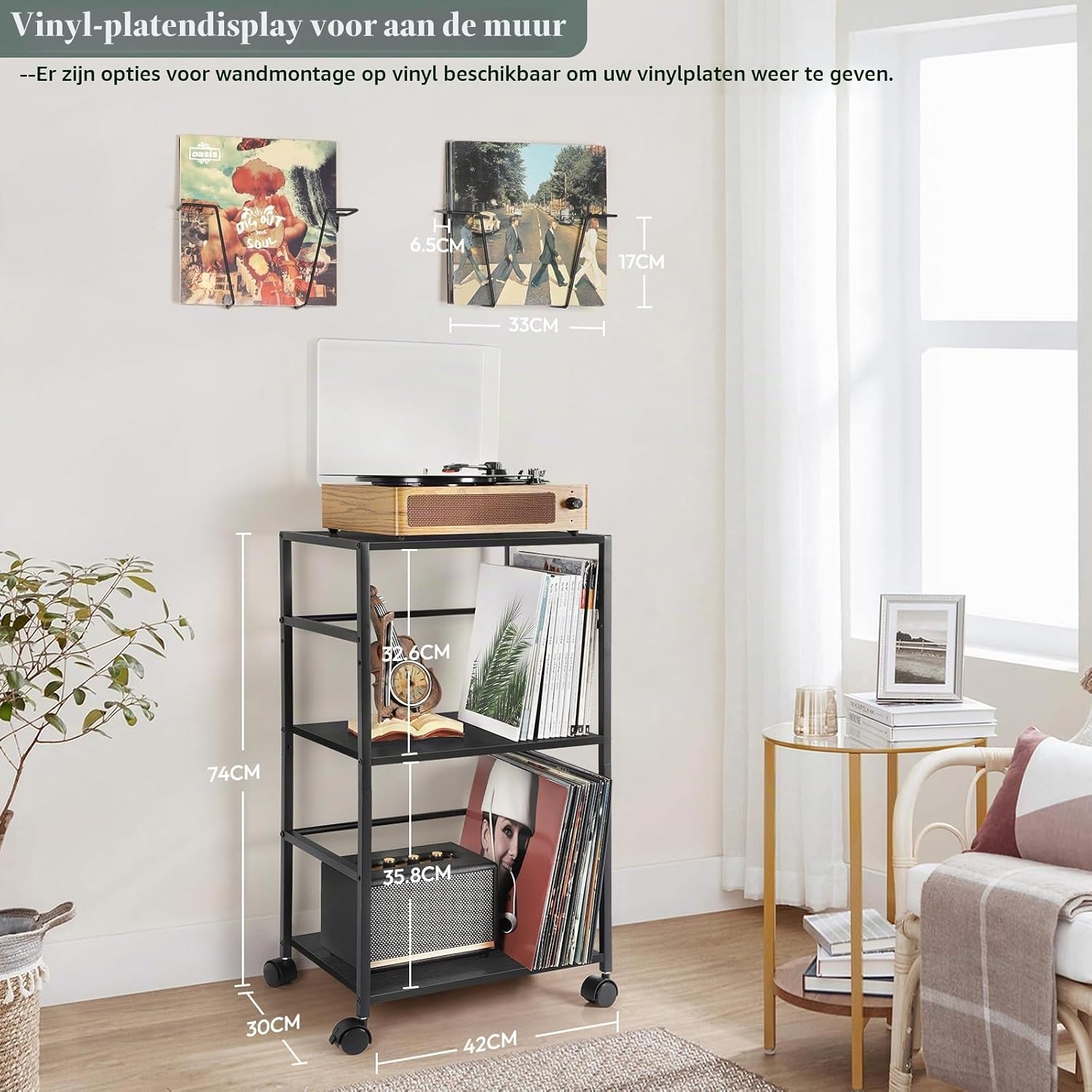 Thumbnail 5 de Bikoney platenspelermeubel voor vinylplaten, zwart hout-metaal, 3 niveaus