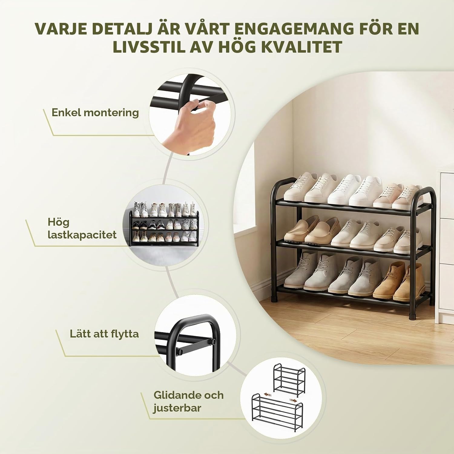 Detalle 2 de Ribech SSXJ-003 utdragbart skoställ i metall, 3 nivåer, 45–80 cm