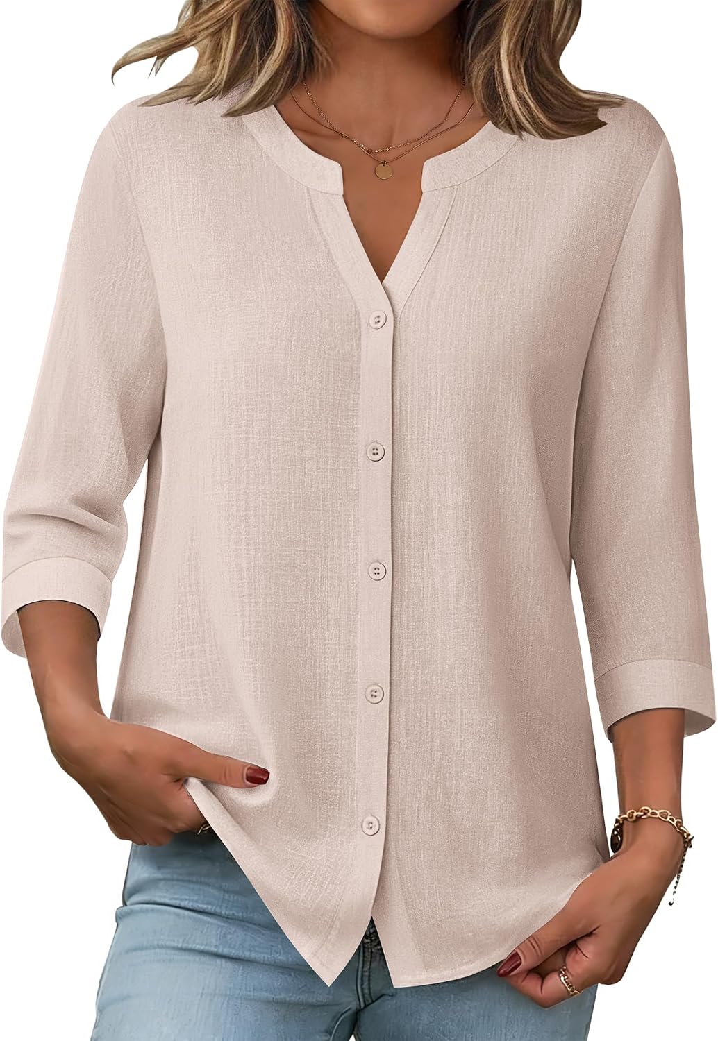 Detalle de Zeagoo Button Down Shirt Dressy Casual Linen-Cotton Blouse for Women, 3/4 Sleeves