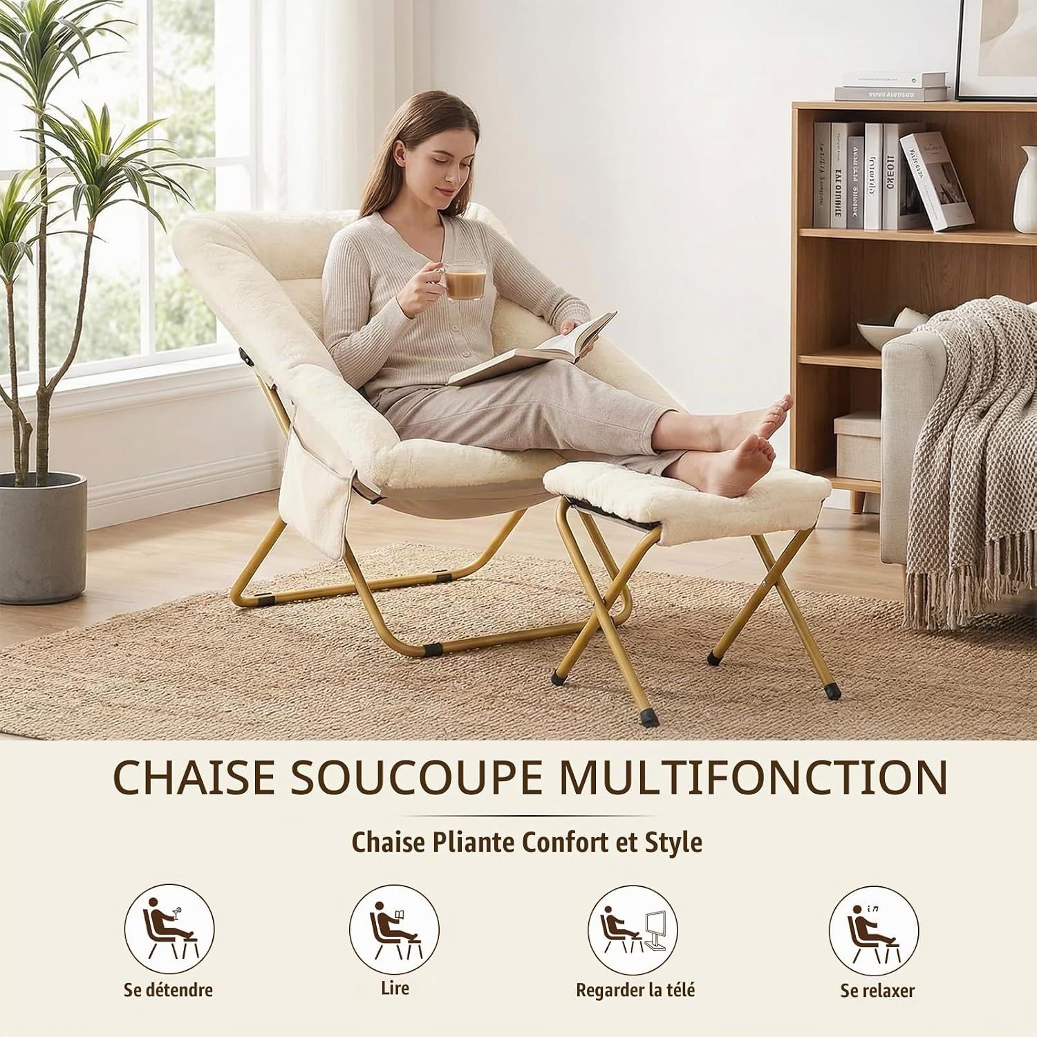 Detalle de Clevich ZD-T1014+C01017A loungestoel met voetensteun, imitatiebont