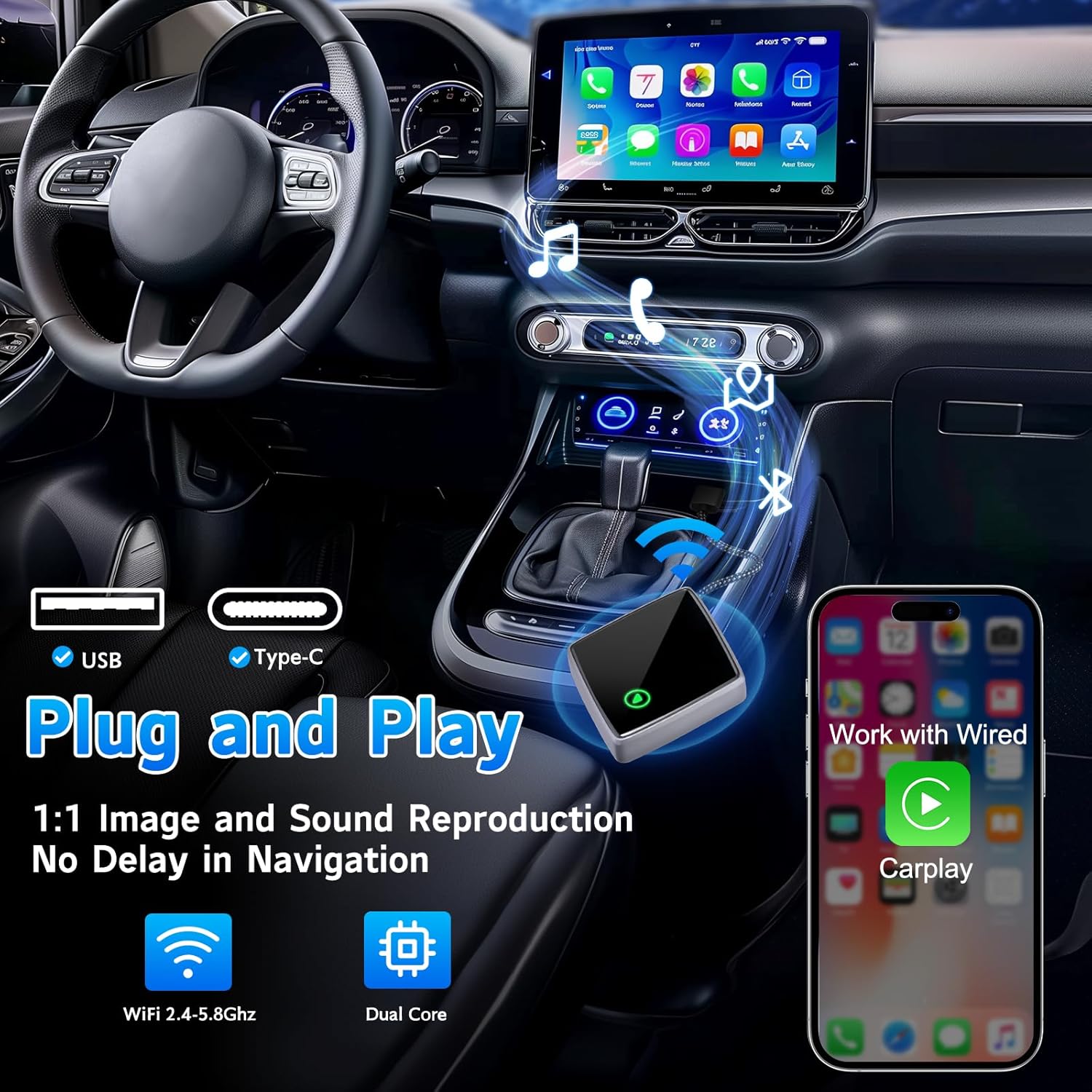 Detalle de Wireless CarPlay Adapter für iPhone – Mini CarPlay Adapter von Wired, USB-C/USB-A Plug & Play, stabile kabellose Verbindung