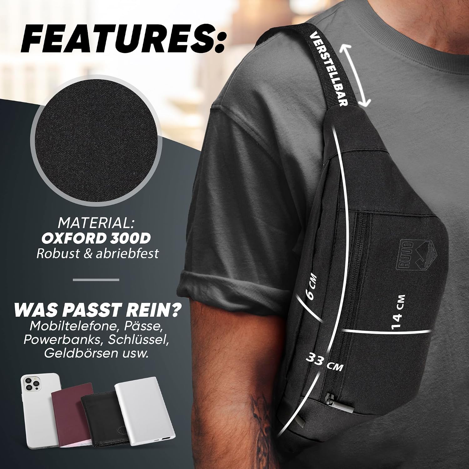 Detalle 2 de RUVO® Bauchtasche für Herren und Damen – wasserabweisende Hüfttasche mit 4 Reißverschluss-Fächern
