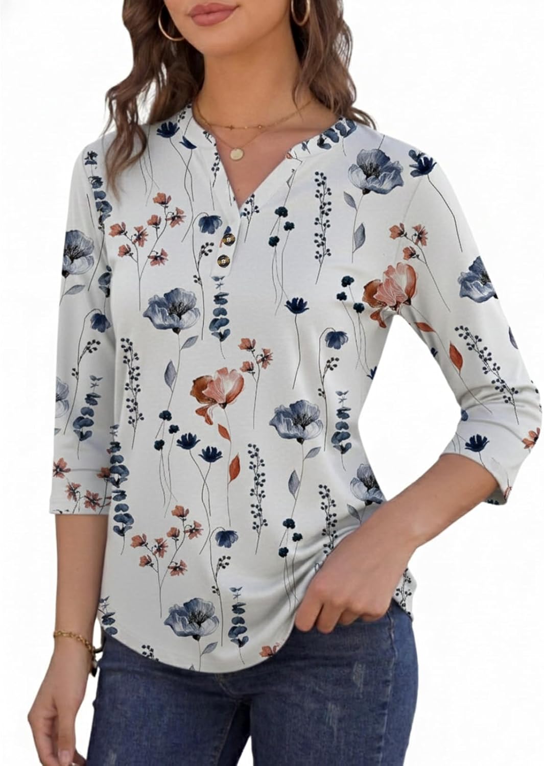 Thumbnail 1 de Cuptacc Damen Bluse Sommer V-Ausschnitt T-Shirt mit Bohemia-Print – locker-freie Hemd-Optik und 3/4 Arm