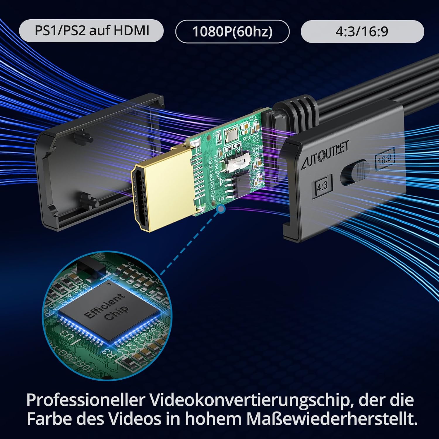 Thumbnail 1 de AUTOUTLET PS1/PS2 auf HDMI Adapter – Plug & Play, 1080p, 4:3/16:9 Konvertierung, 150 cm Kabel