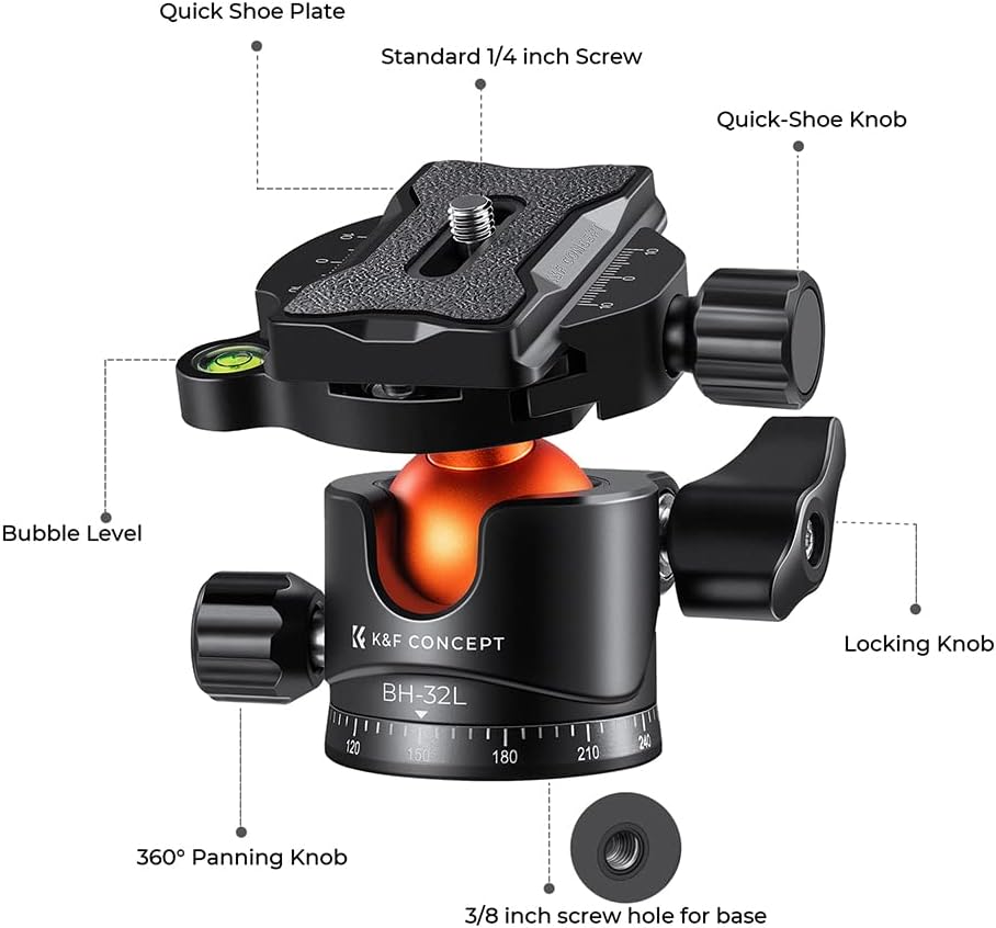 Thumbnail 5 de K&F Concept Tête de balle 360° rotative BH-32L : adaptateur rotule avec vis 3/8" et plaque rapide 1/4