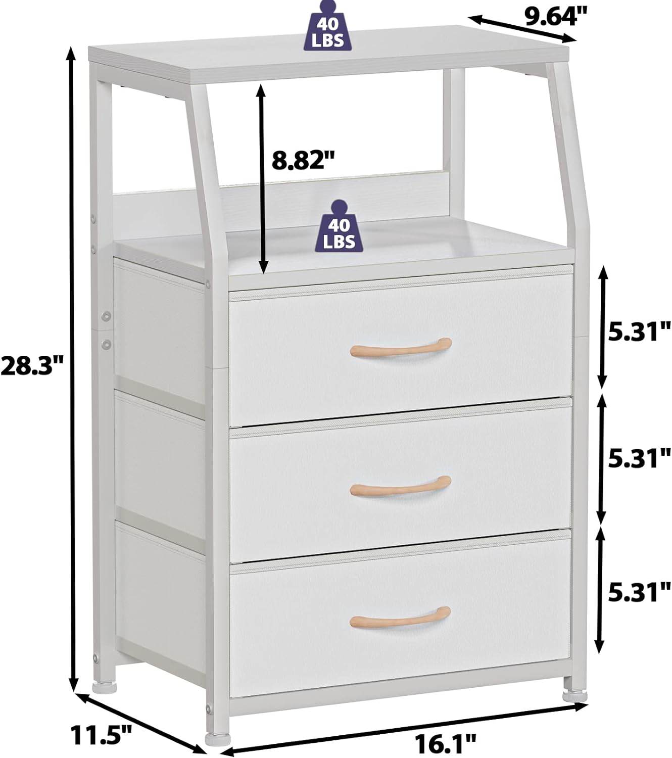 Detalle de Furnulem White Nightstand 3-Drawer 28.3" H