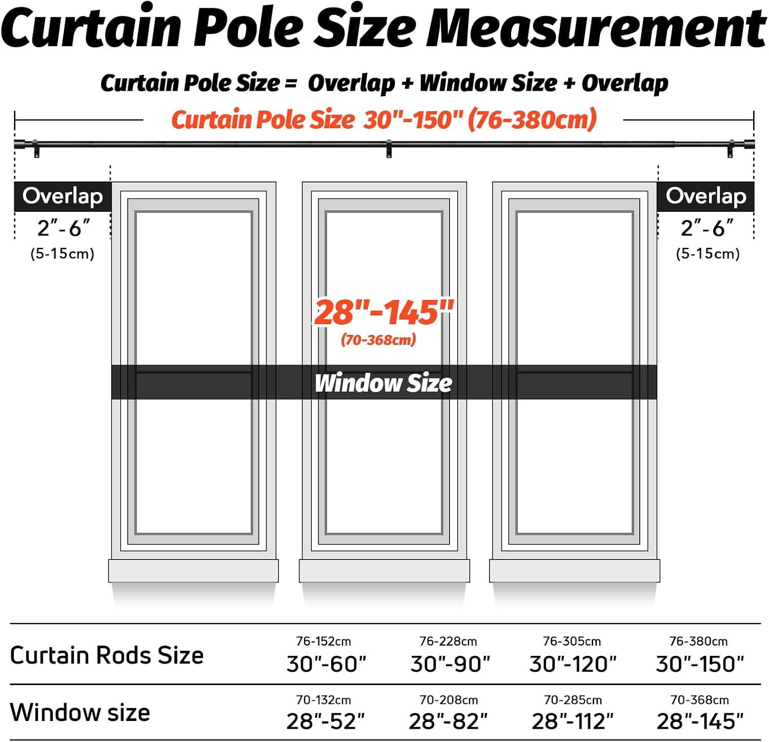 Detalle 2 de Time Forest Black Extendable Curtain Rods for Eyelet Curtains – 76–380 cm, 2-Pack