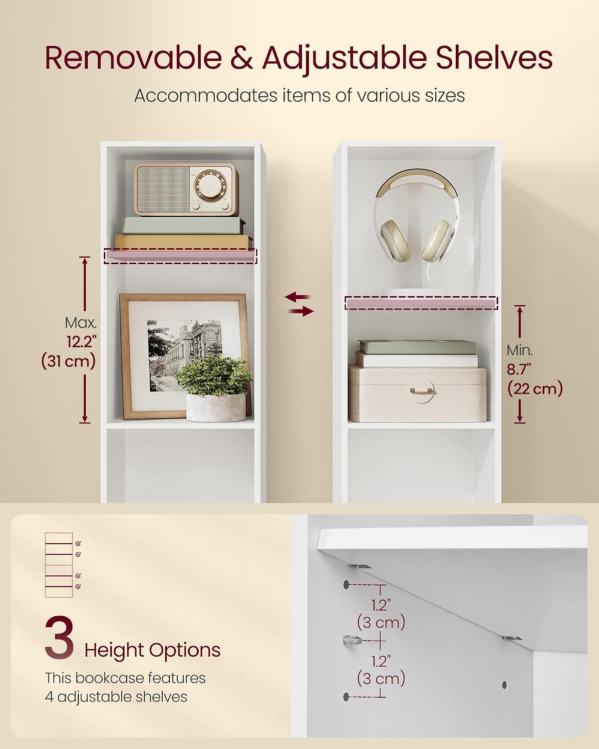 Detalle de VASAGLE LBC411W01 six-tier bookcase, Cloud White, adjustable shelves