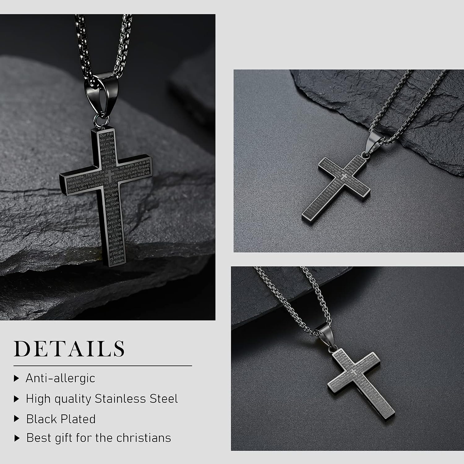 Thumbnail 2 de MERTTURM Kreuz Halskette für Herren aus Edelstahl, 60 cm Kette mit Kreuz-Anhänger (silber/schwarz/gold)