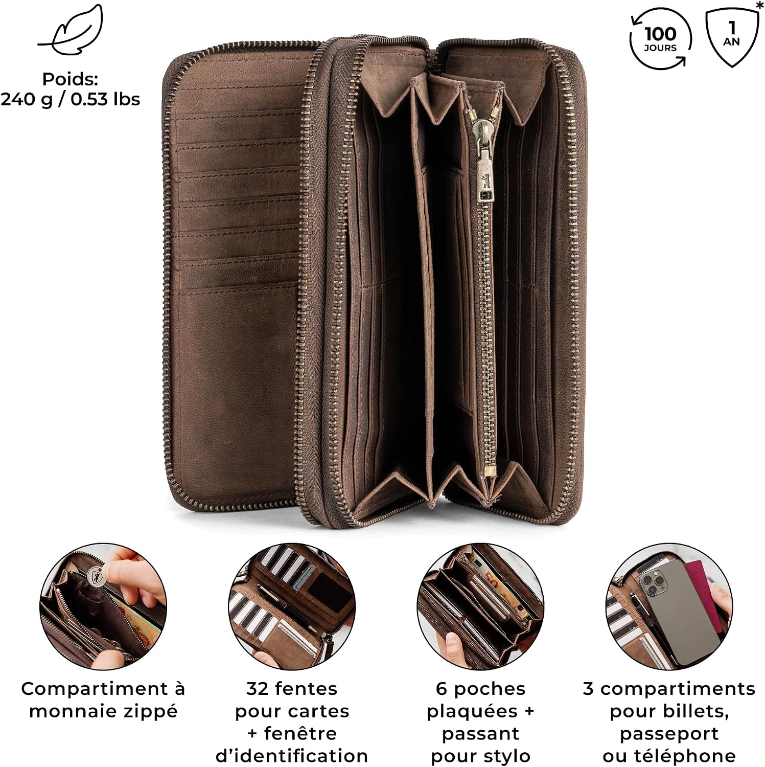 Detalle de Berliner Bags Dallas Grand Portefeuille en cuir véritable avec protection RFID – marron