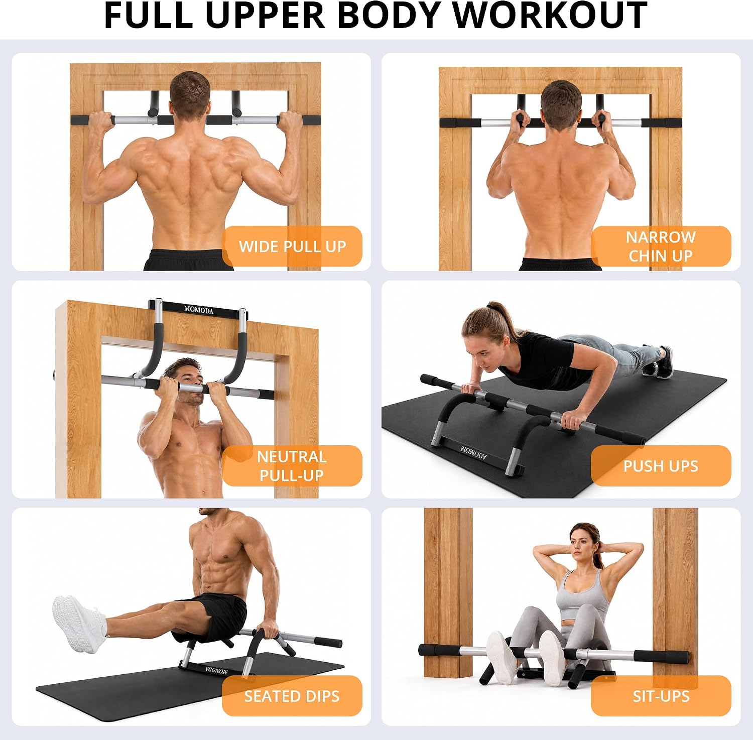 Detalle de MOMODA wb01 Doorway Pull-Up Bar, Alloy Steel, Three Grip Positions, 440 lb Capacity