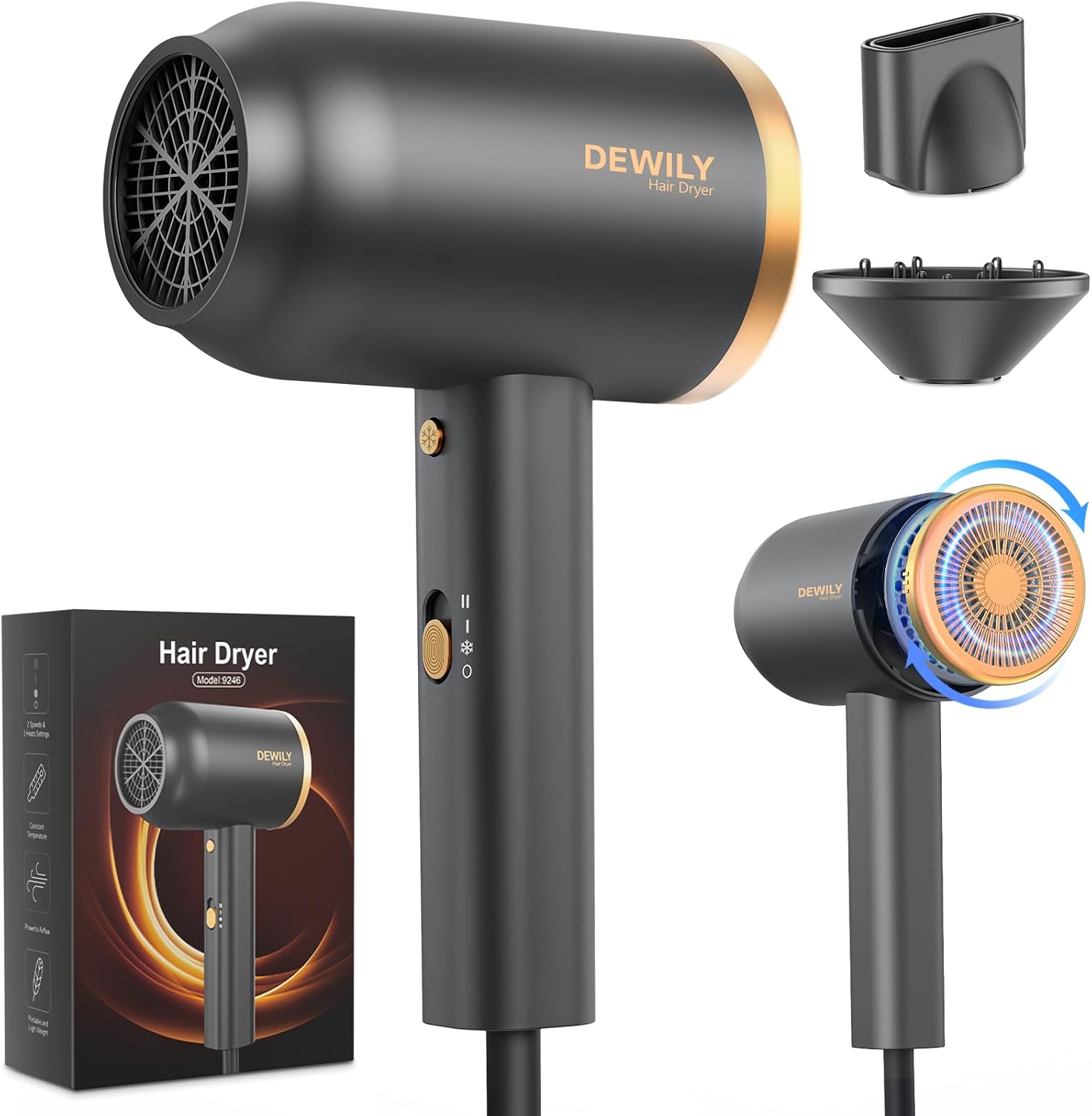 Detalle de DEWILY Asciugacapelli ionico con diffusore –1800W: asciugatura rapida e controllo termico in viaggio