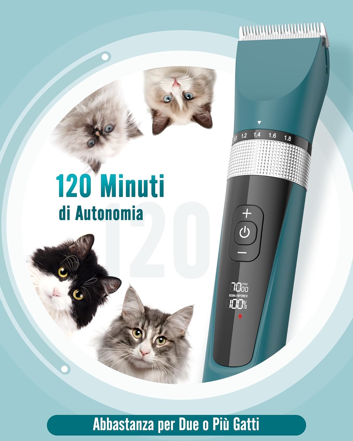 Thumbnail 4 de oneisall Tagliagatti silenzioso per gatti a pelo lungo – rasoio professionale con 5 velocità, display LCD e IPX6 (Verde)