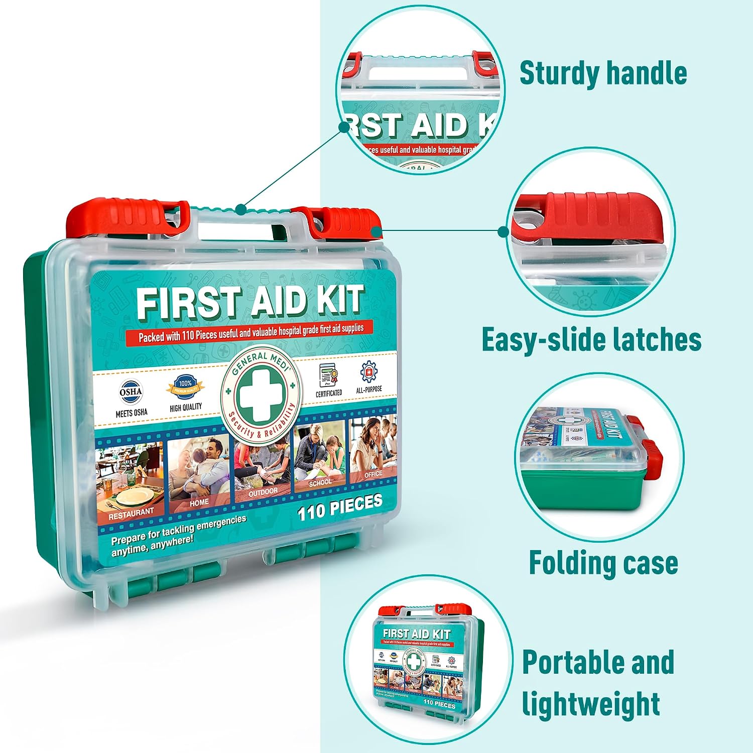 Thumbnail 4 de General Medi 295 Pieces Professional First Aid Kit – HardCase with Hospital-Grade Supplies for Travel, Home, Office, Vehicle, and Outdoor Use