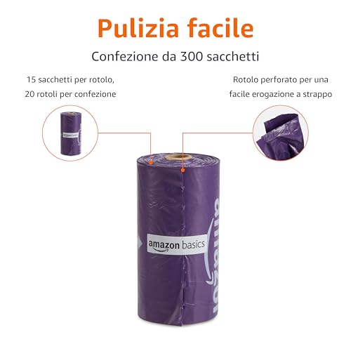 Detalle 2 de Amazon Basics Sacchetti igienici per cani senza dispenser – lavanda, 300 pezzi (20 rotoli × 15 sacchetti) | taglia 33 x 22,9 cm