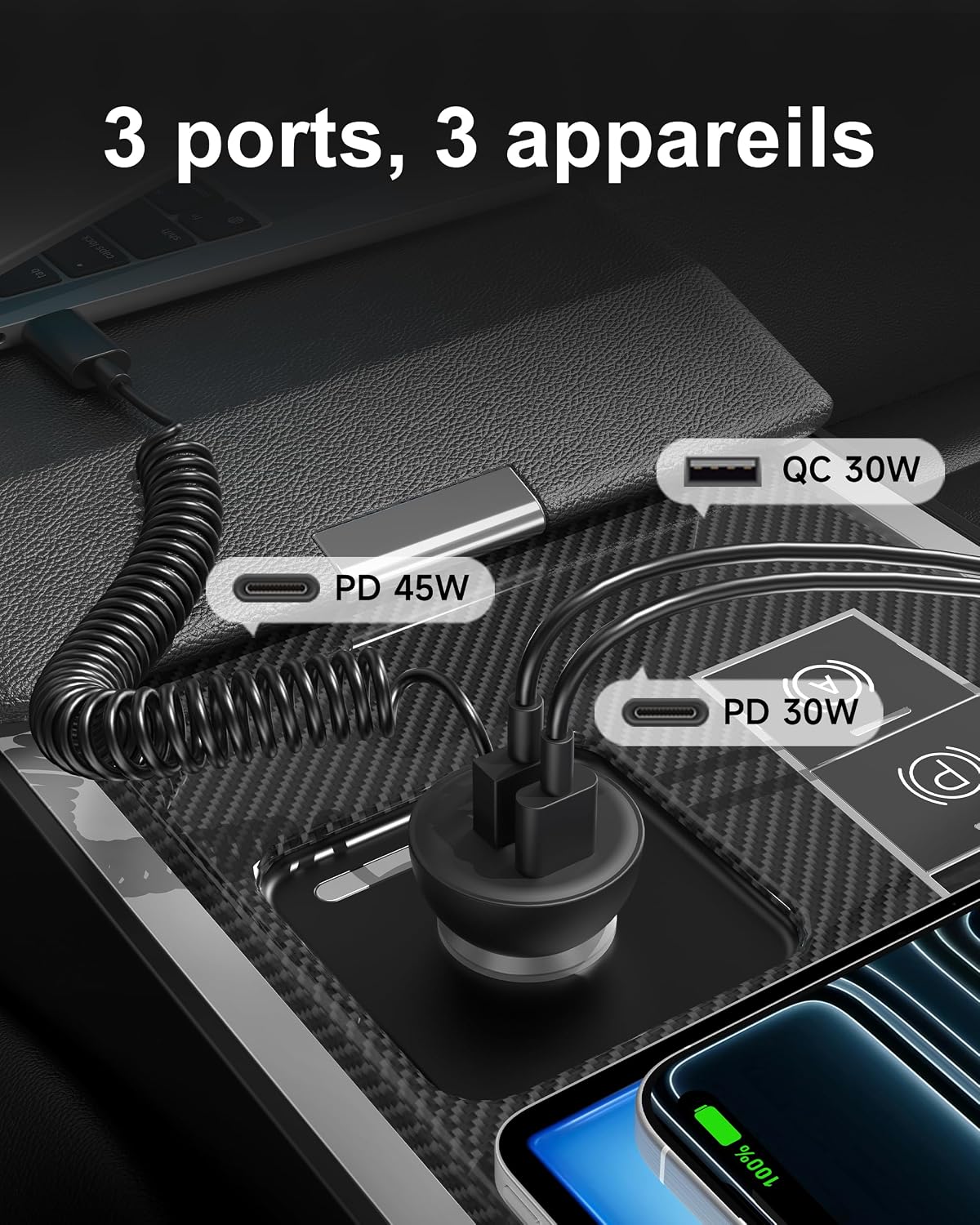 Thumbnail 3 de LUOSIKE 75 W autolader met USB-C-spiraalkabel van 1,2 m en USB-A