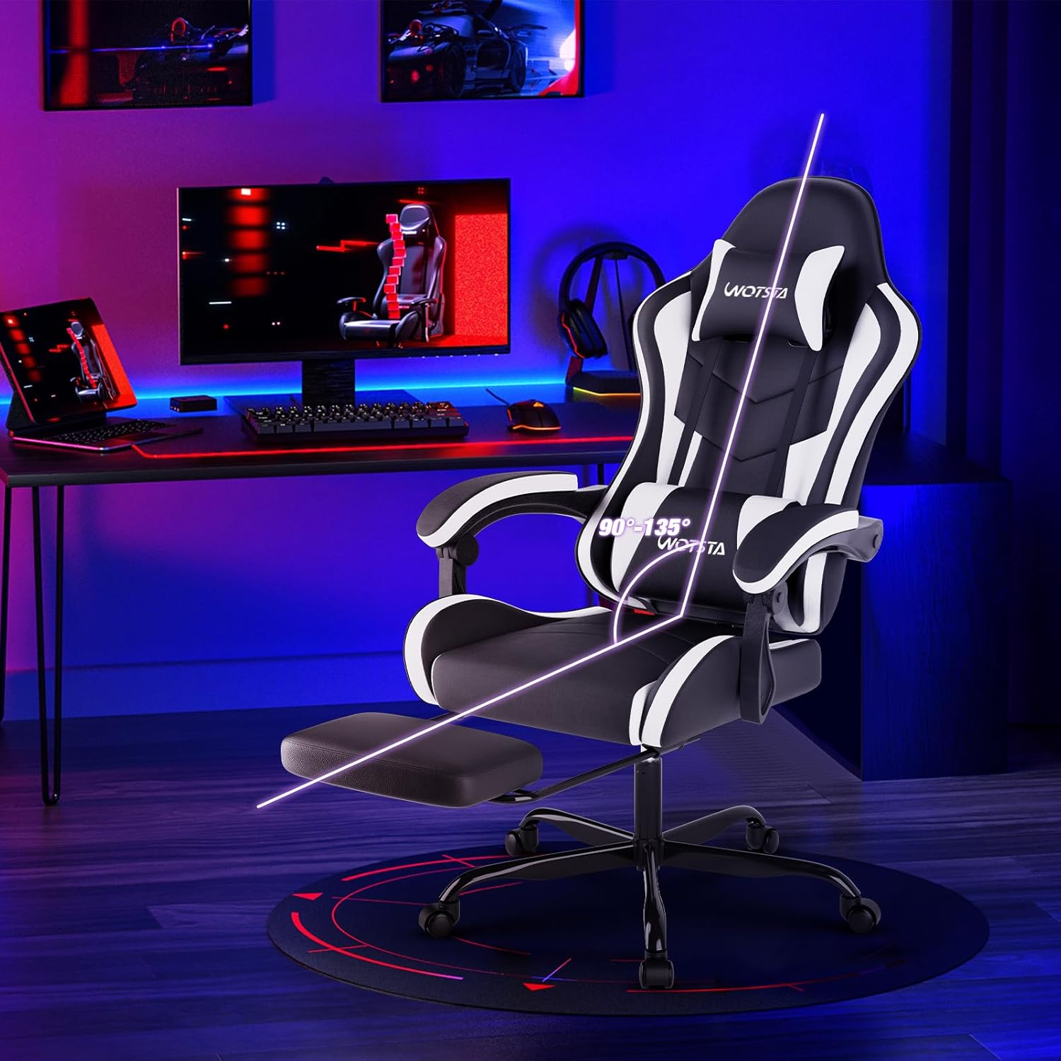 Thumbnail 1 de WOTSTA Gaming Chair with Footrest – ergonomic office or gaming chair with lumbar support, headrest and 135° recline