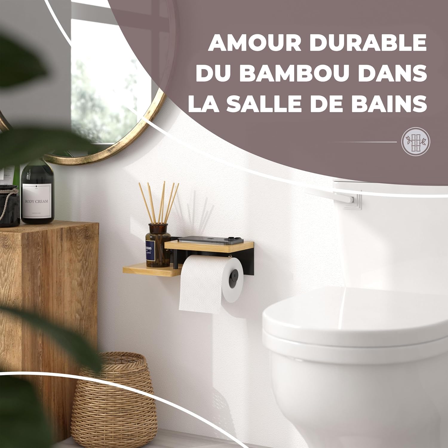 Detalle 2 de ElbFuchs bamboe toiletrolhouder met rek, zelfklevend of schroefbaar, zwart