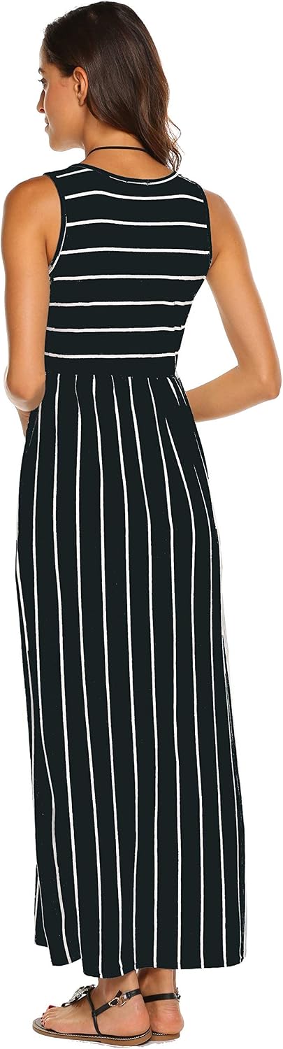 Detalle 2 de BDTECAOR Maxikleid Damen Sommer Boho ärmellos mit Taschen – tanktopartiges Strandkleid mit elastischem Bund