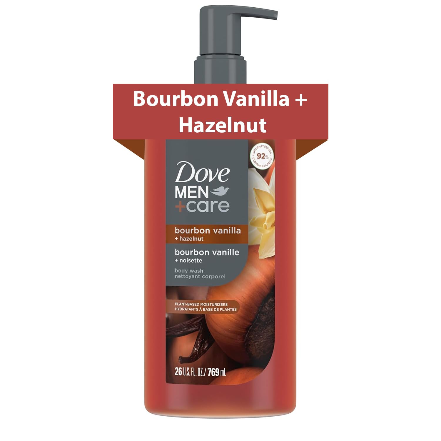 Detalle de DOVE MEN Moisturizing Body Wash, Bourbon Vanilla + Hazelnut, 26 oz