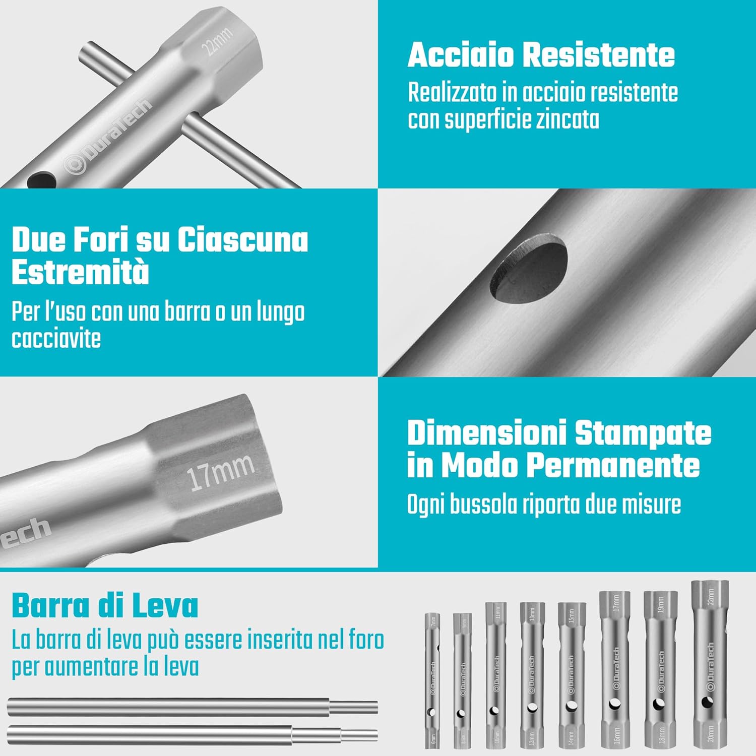 Detalle de DURATECH set di 10 chiavi a tubo con 2 leve metriche 6–22 mm (doppia esagonale) per idraulica e veicoli
