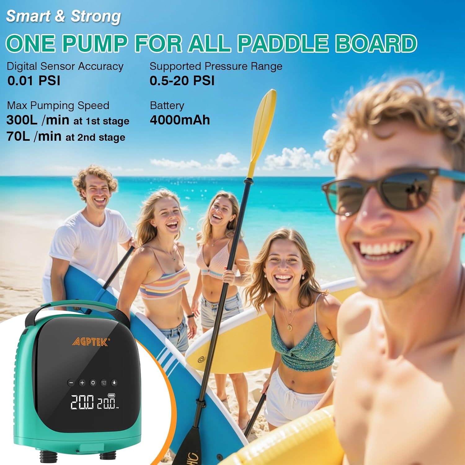 Detalle de AGPTEK Paddle Board Pump: 4000mAh Battery, 20 PSI, Car-Charger Power for Inflatable SUPs