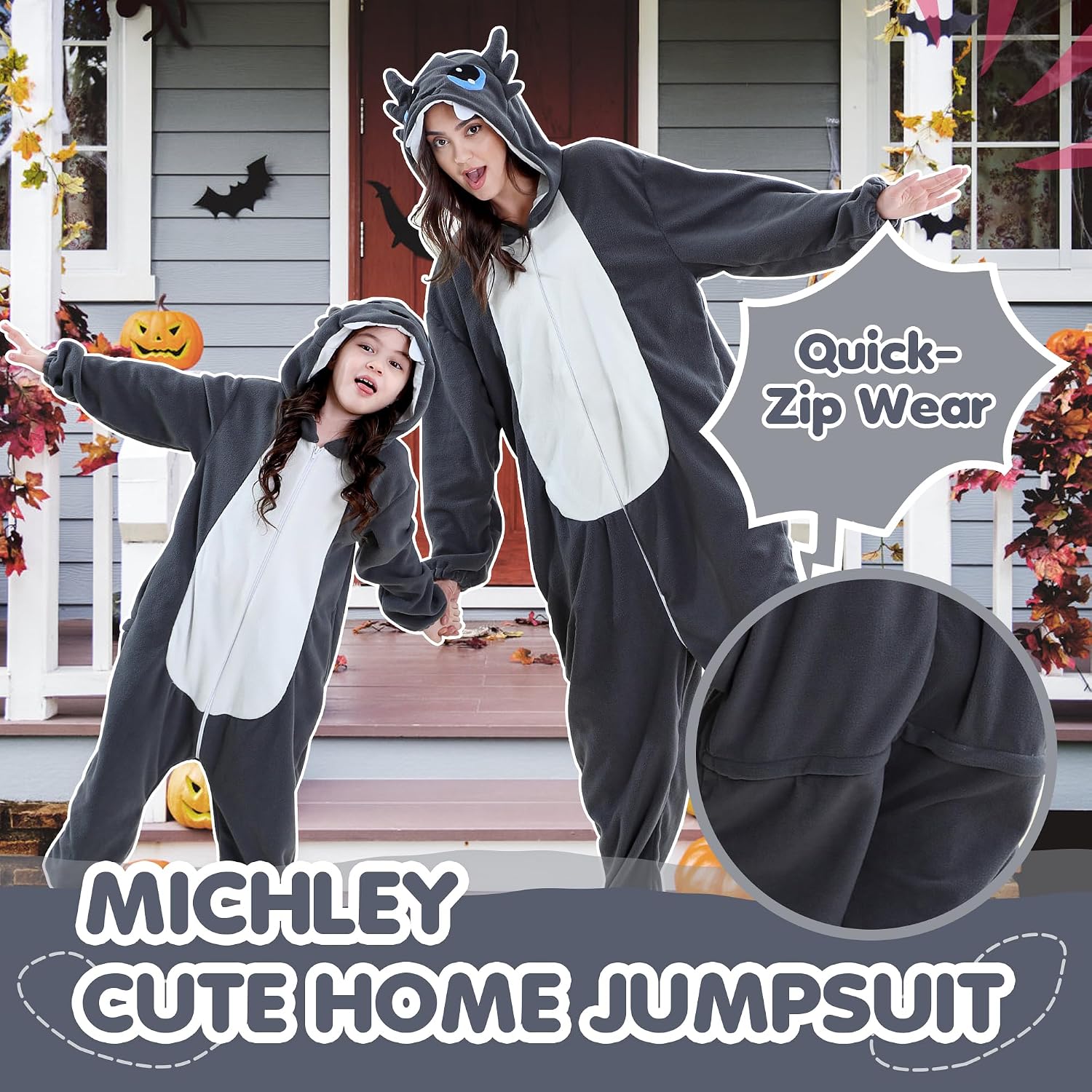 Thumbnail 2 de MICHLEY Halloween Animal Cosplay Pajamas, Double-Zipper One-Piece with 3D Hood