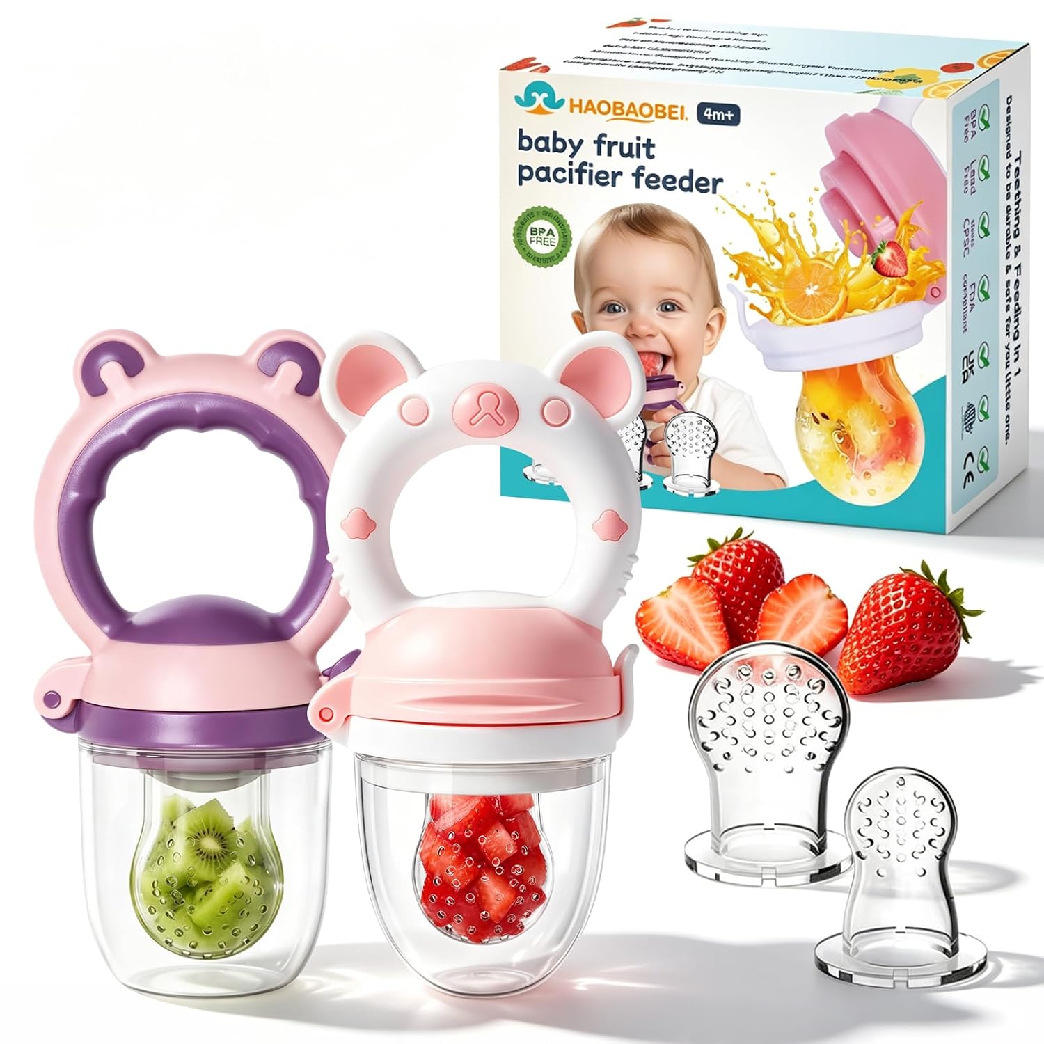 HAOBAOBEI Baby Solids/Frozen Fruit Feeder Pacifier & Teether Toy (2-Pack) for 4M+