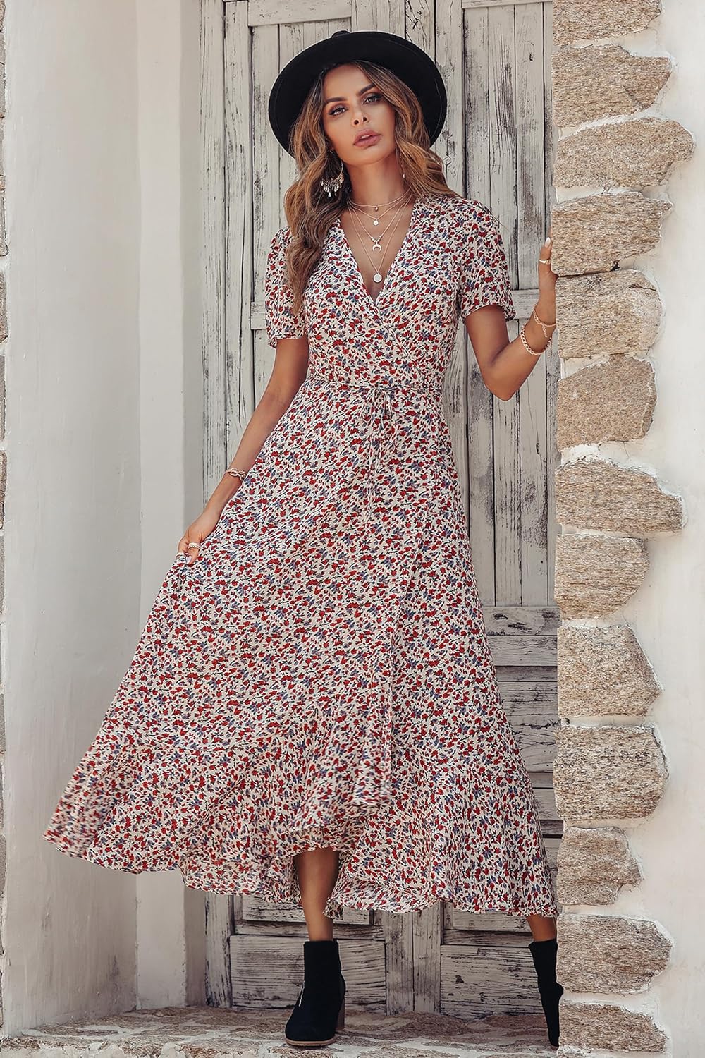 Thumbnail 6 de PRETTYGARDEN Women's Boho Floral Maxi Dress, Wrap V-Neck and Ruffle Hem