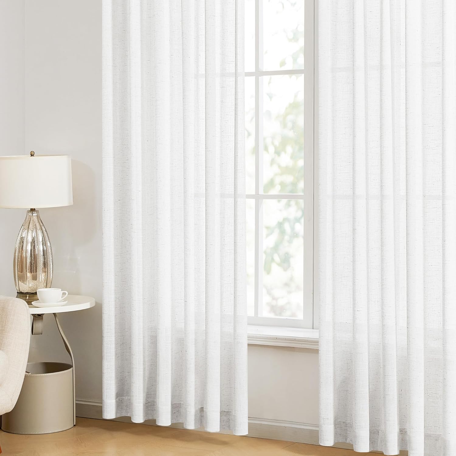 Thumbnail 3 de Deconovo Semi-Transparent Net Curtains: White Linen Sheer Voile, 2 Panels (55 x 54 Inches)