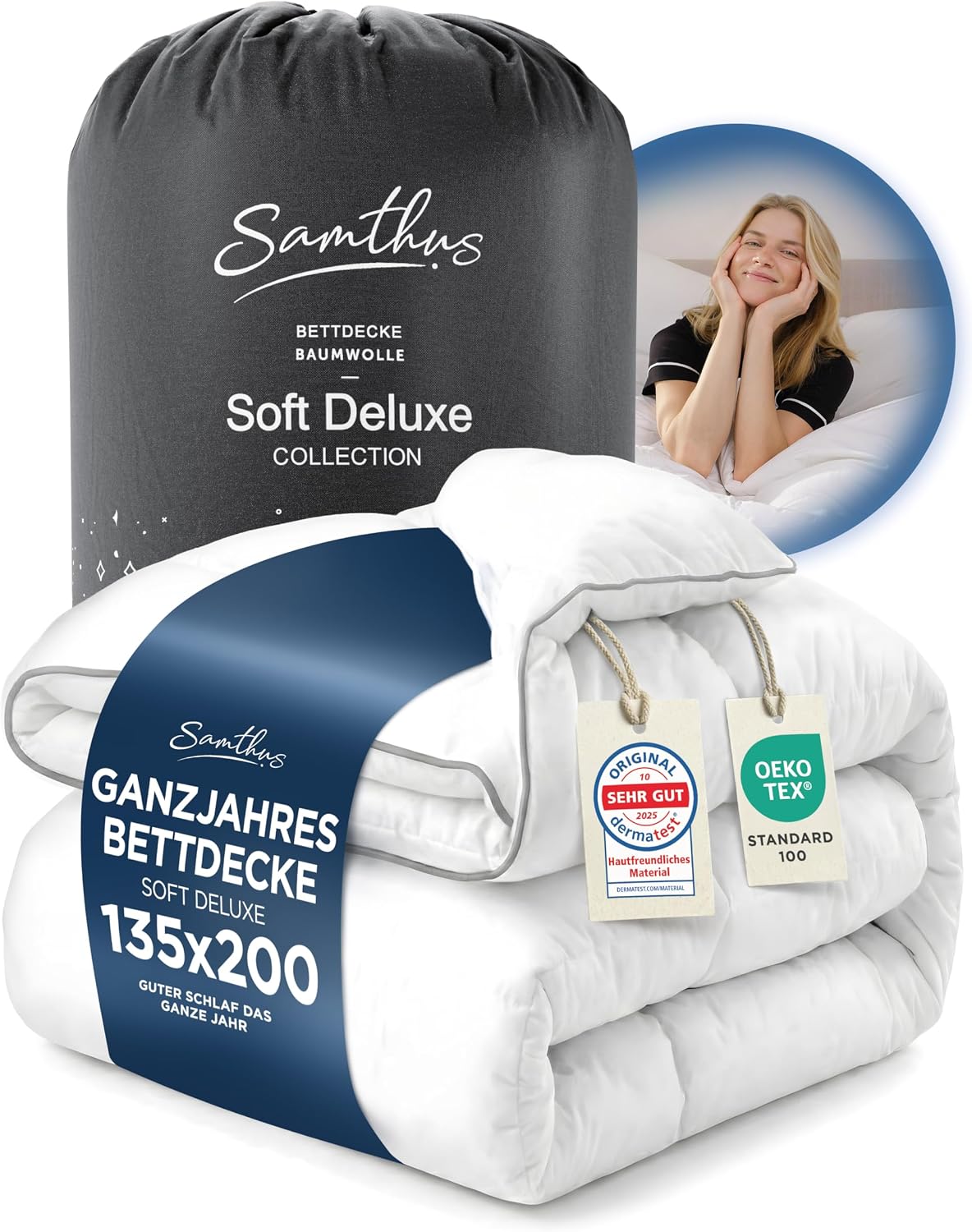 Detalle de Samthus Premium Bettdecke 135x200 cm – ganzjährige Zudecke aus Baumwolle, Oeko-Tex & Dermatest zertifiziert