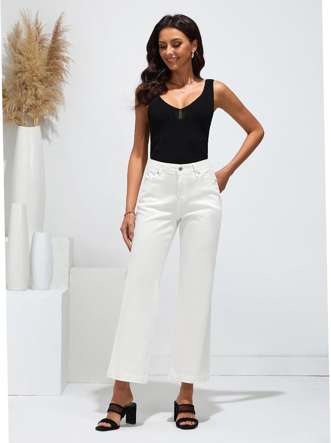 Detalle de GRAPENT High Waisted Flare Jeans for Women — Stretch Denim Wide Leg (33" Long, 31" Regular, 28" Petite)