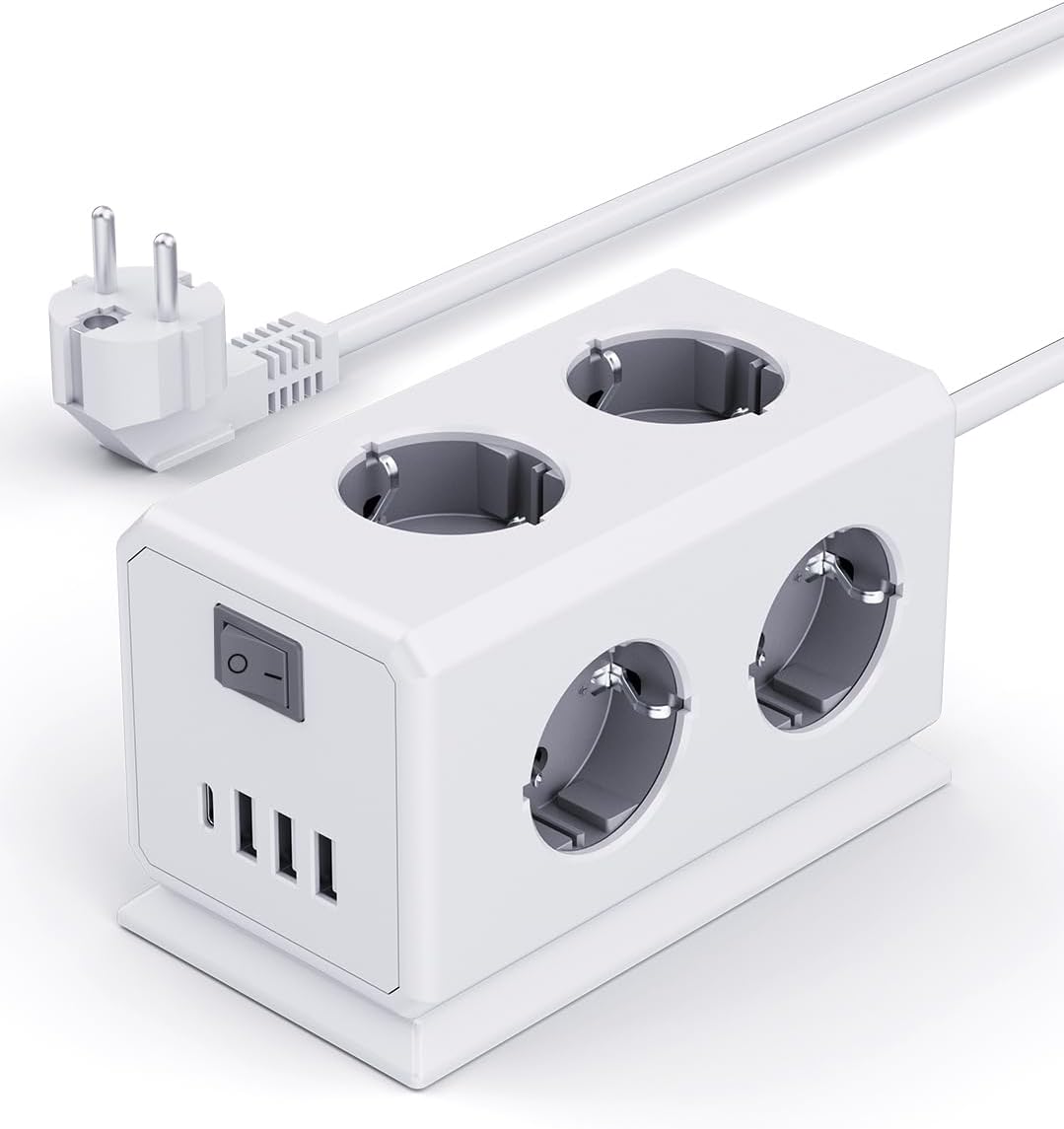 Detalle de Mehrfachsteckdose mit USB – 6-fach, Wandmontage, 3680 W, 1,8 m Kabel, Überspannungsschutz