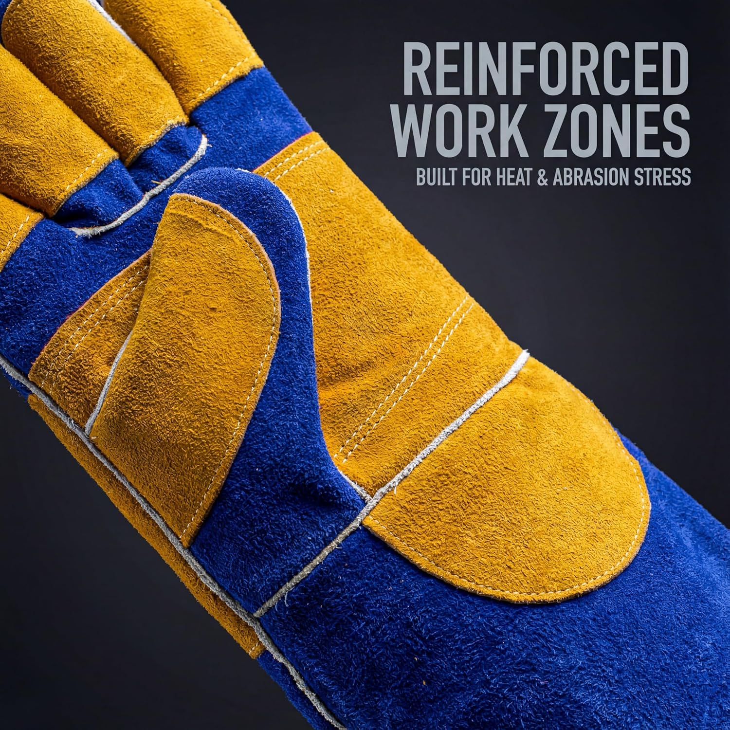 Detalle de RAPICCA Welding Gloves Fire Heat Resistant (Blue) 16IN, 932°F Leather Cover for MIG/Flux-Core/SMAW & forge work