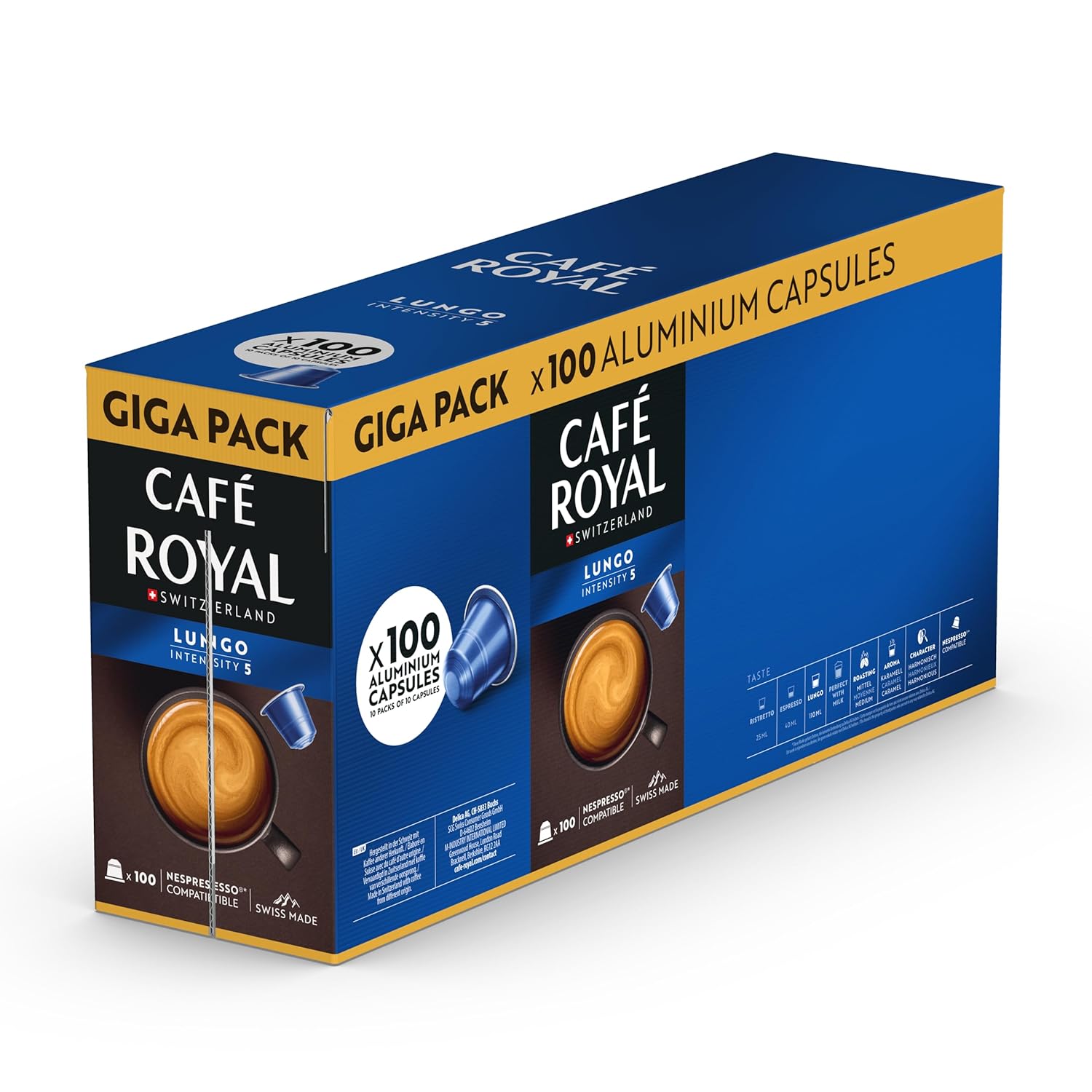 Detalle de Café Royal Lungo Promo Packung – Nespresso-kompatible Kaffeekapseln, 100 Kapseln, 100% Arabica