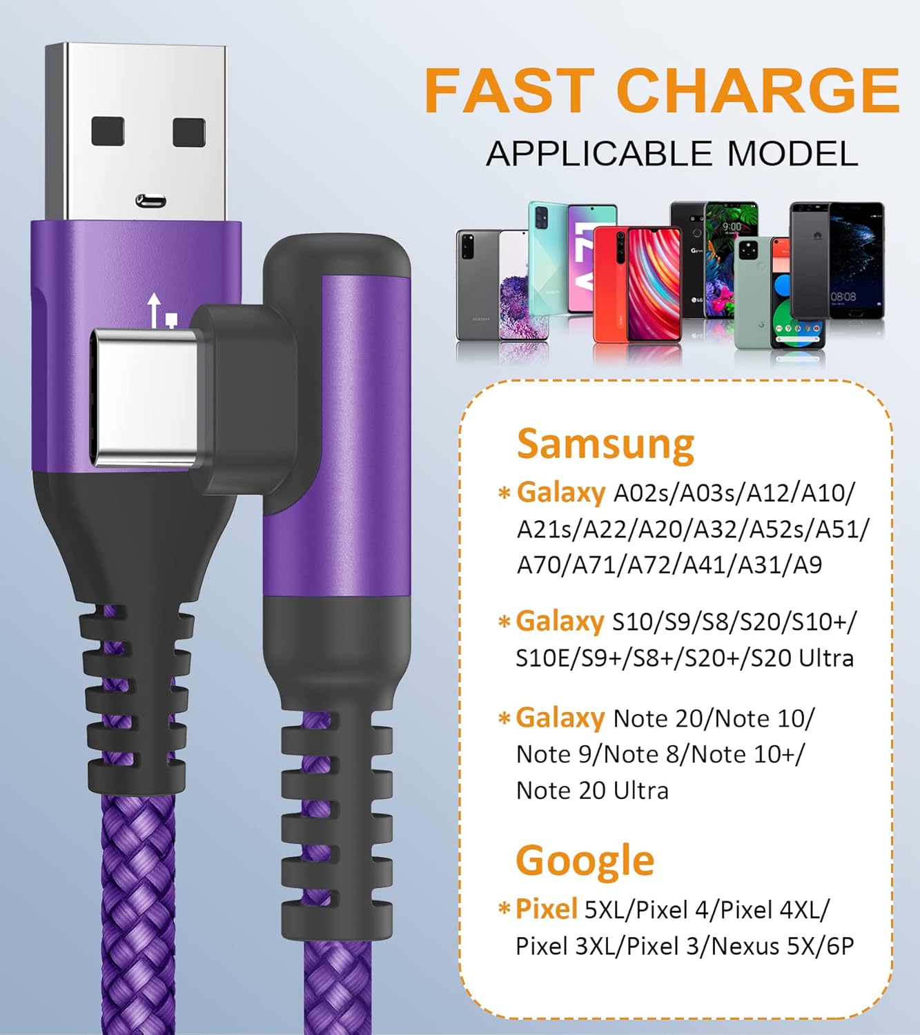 Thumbnail 6 de 2Pack 1m USB C Right Angle Fast Charge Cable (3.1A) – Braided, 90° L‑Shaped, Compatible with Samsung, Google Pixel and More