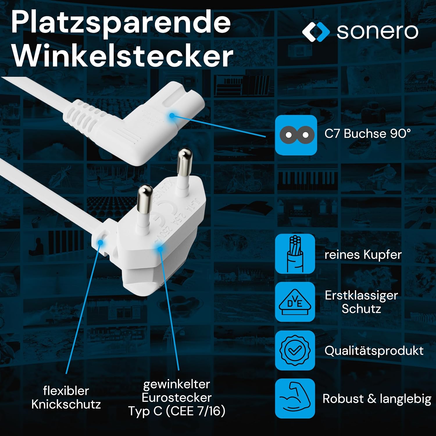 Detalle de Sonero Câble d’alimentation 2 pôles 2,0 m prise Euro Type C vers IEC C7 (angle 90°) blanc
